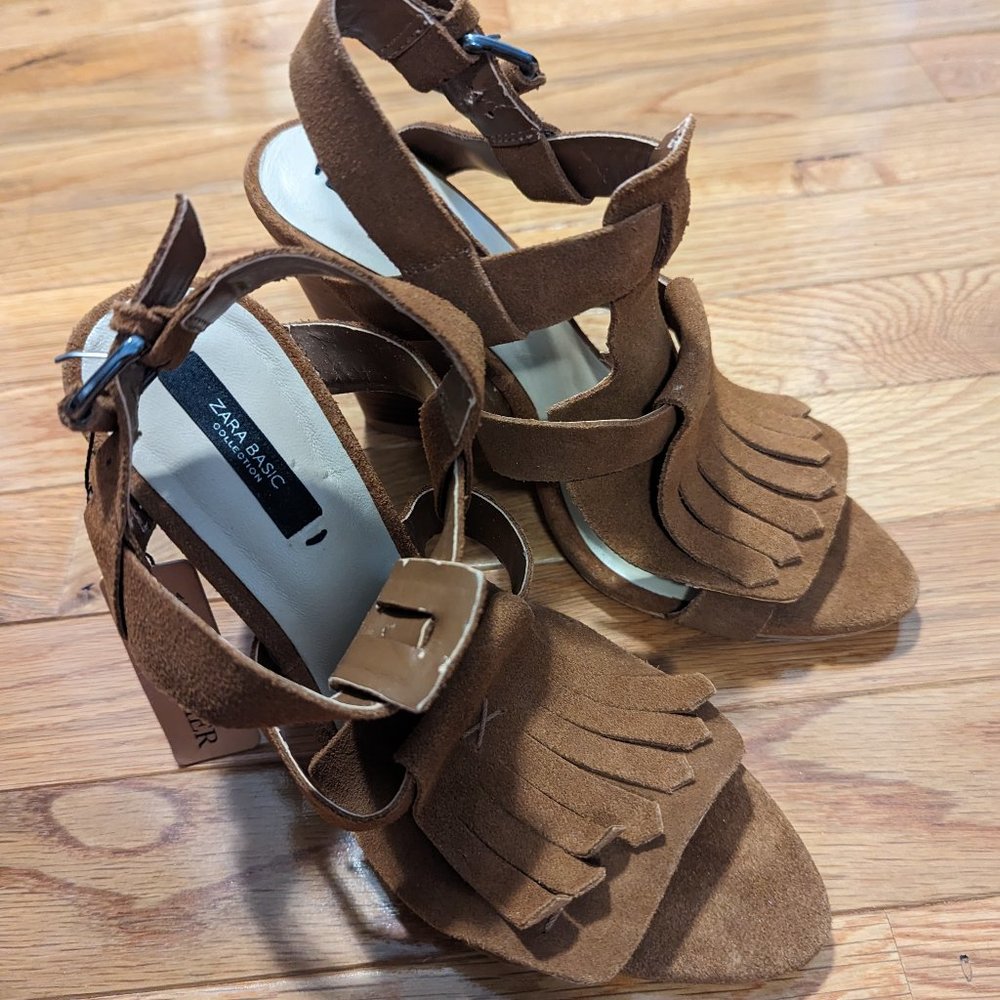 Zara New Tan Fringe Suede Wedge Sandals Size 37